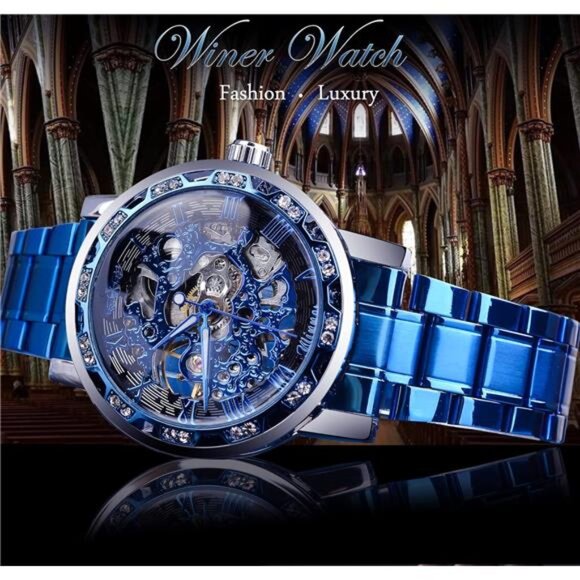 Retro Manual Mechanical Skeleton Watch with Diamond and Carving Flower Craft Men - Picture 2 of 7